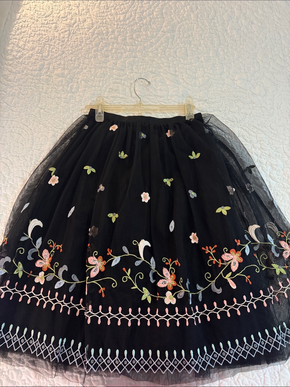 French Connection Black Tulle Skirt with Pastel Floral Embroidery